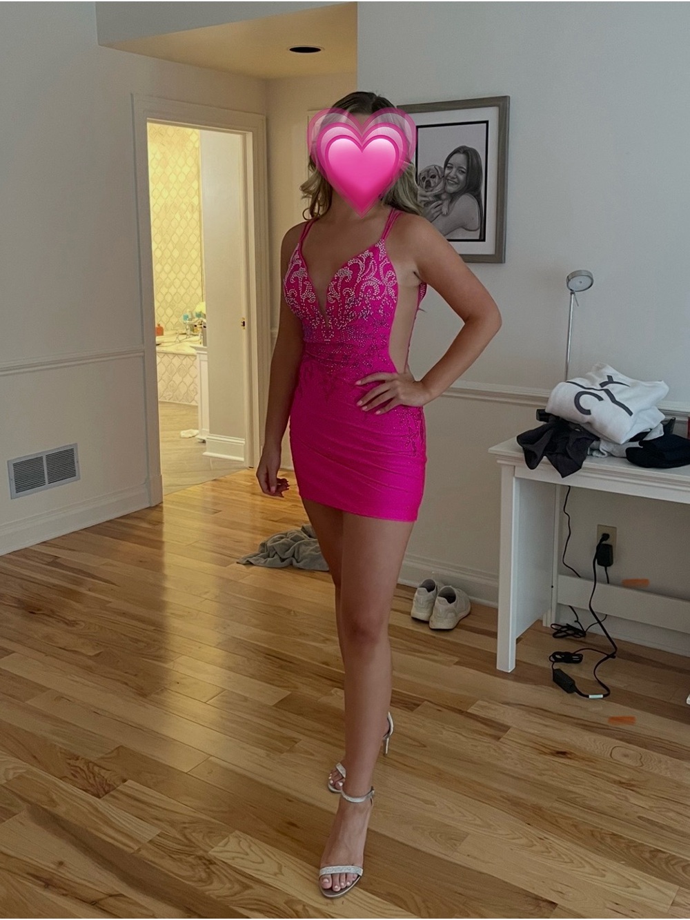 Beaded Hot Pink Mini Dress with Spaghetti Straps - Gipper Prom - Picture 4 of 4